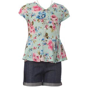 Little Toddler Girls 3 Pieces Girls Floral Flower Blouse Top Short Necklace Set